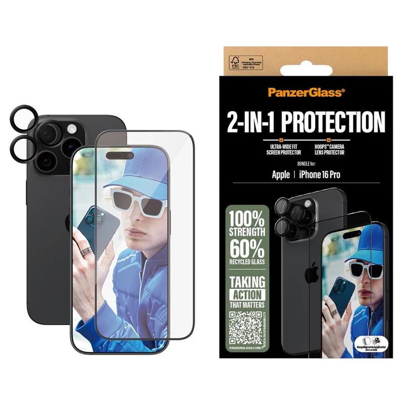 PanzerGlass ochranné sklo UWF + Hoops Bundle pre iPhone 16 Pro - Black Frame