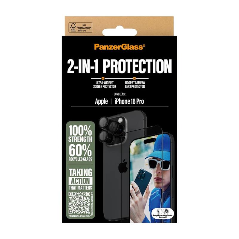 PanzerGlass ochranné sklo UWF + Hoops Bundle pre iPhone 16 Pro - Black Frame