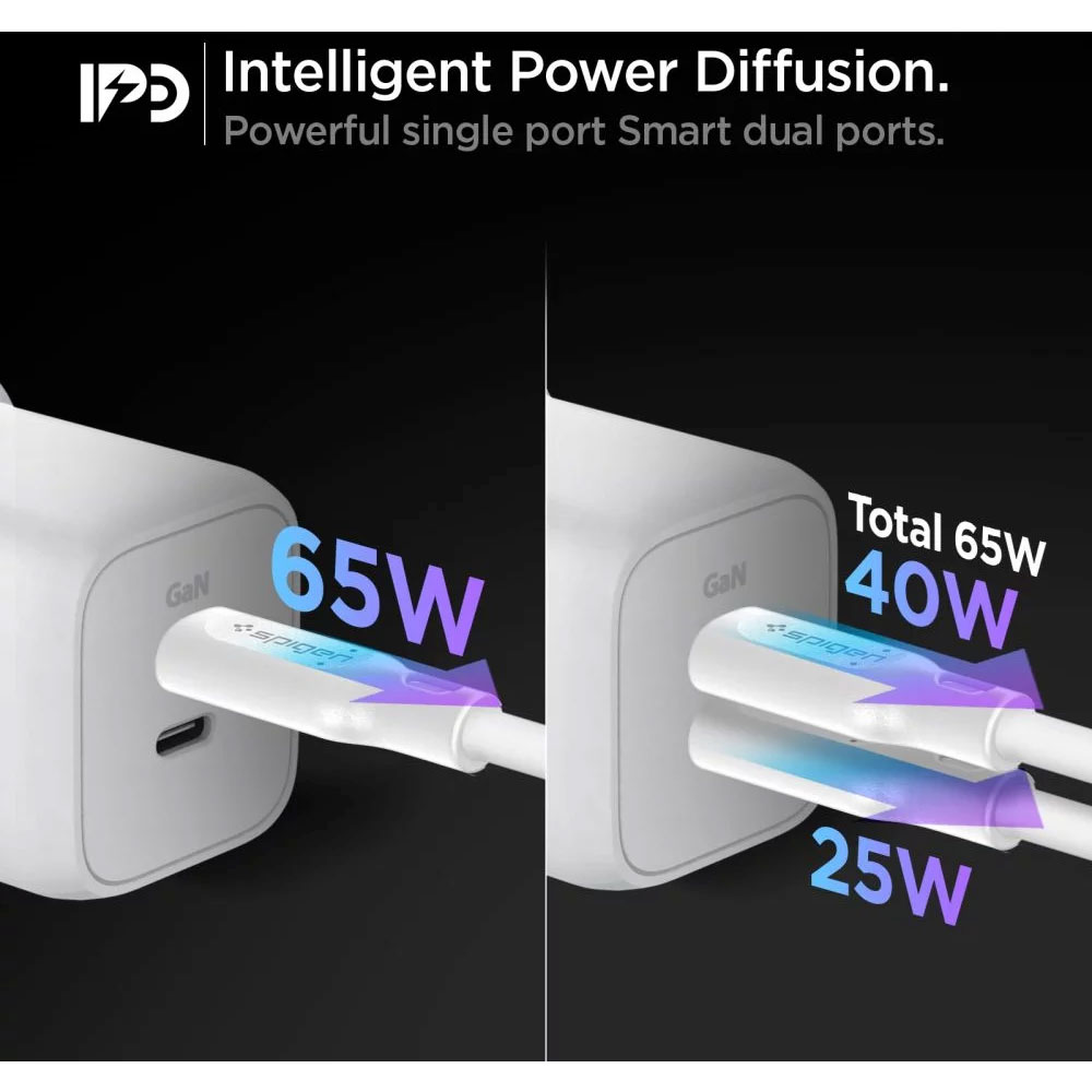 Spigen sieťová nabíjačka PowerArc Arcstation Dual USB-C GaN PD 3.0 65W - White