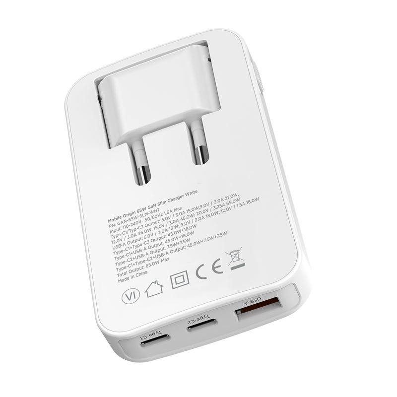 Mobile Origin 65W GaN III Slim Charger Dual USB-C / Single USB-A - White