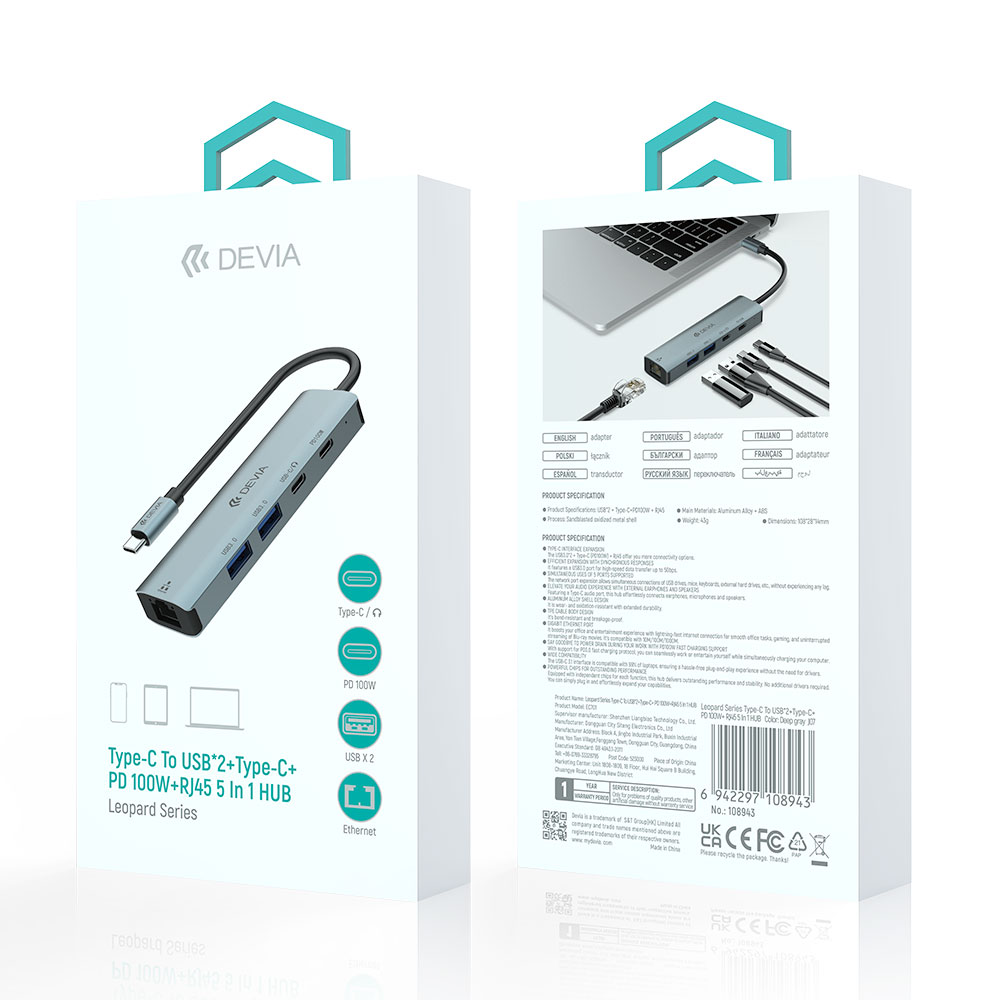 Devia USB-C Hub Leopard Series 5-in-1 EC701 - Deep Gray