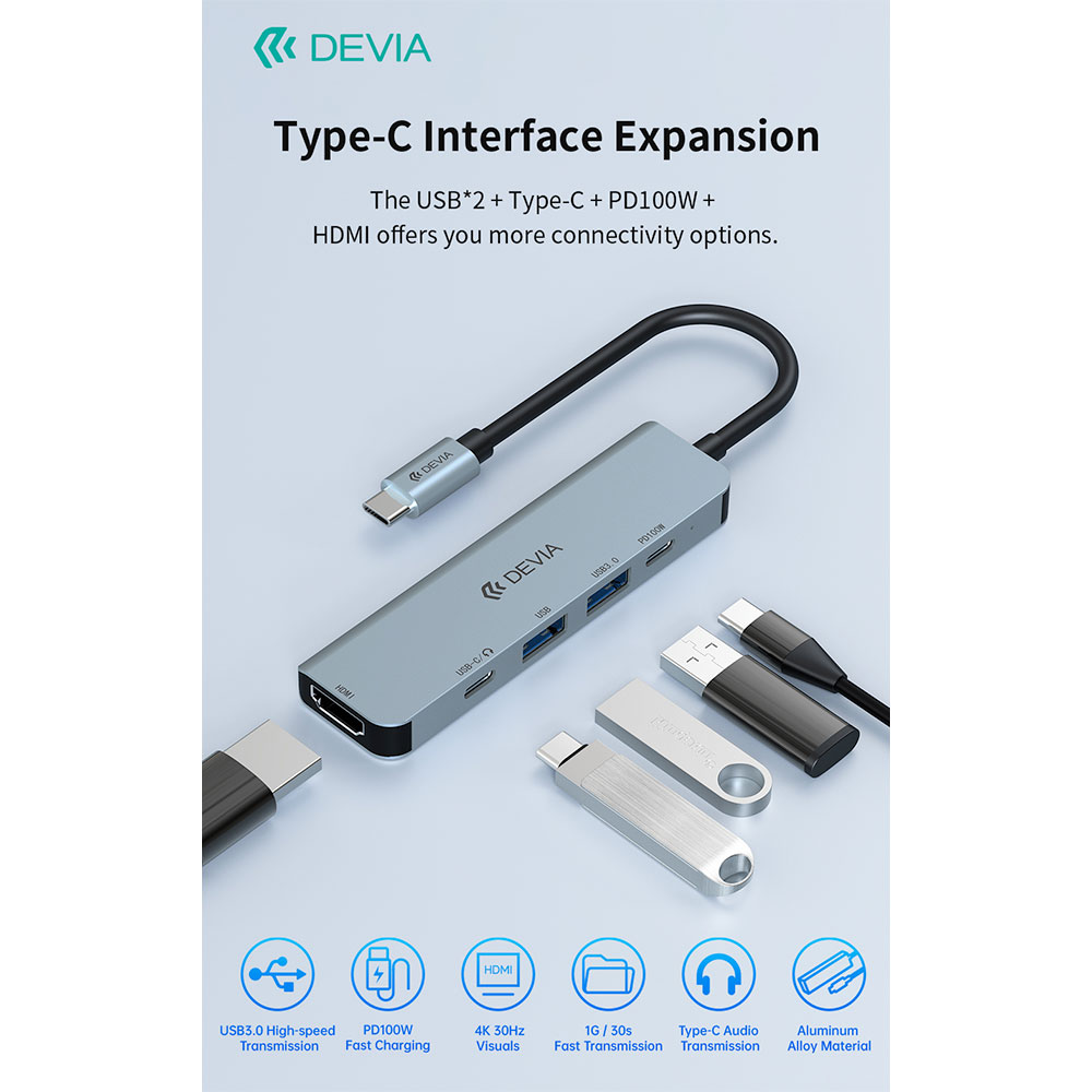 Devia USB-C Hub Leopard Series 5-in-1 EC702 - Deep Gray
