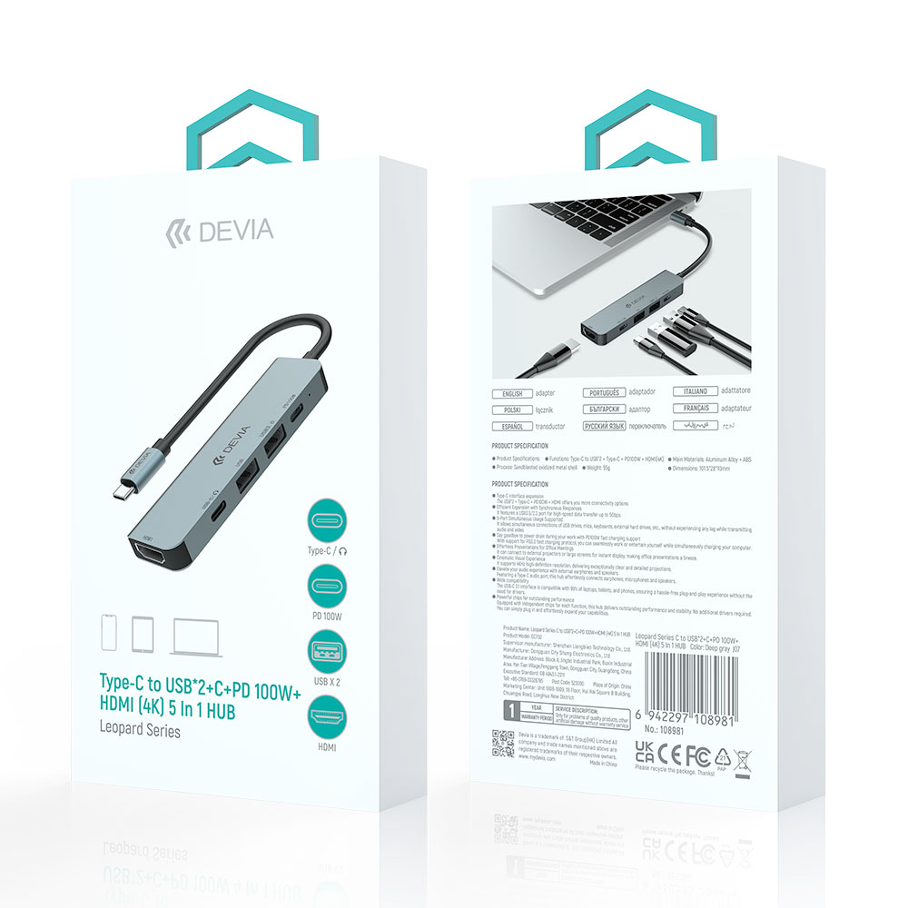 Devia USB-C Hub Leopard Series 5-in-1 EC702 - Deep Gray