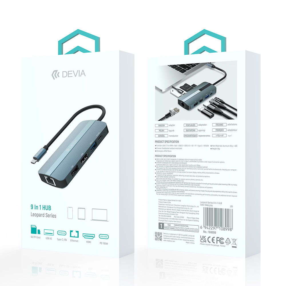 Devia USB-C Hub Leopard Series 9-in-1 EC704 - Deep Gray