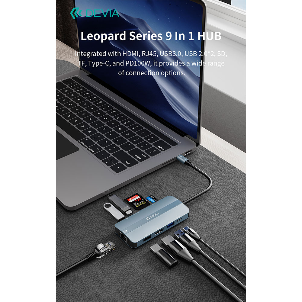 Devia USB-C Hub Leopard Series 9-in-1 EC704 - Deep Gray