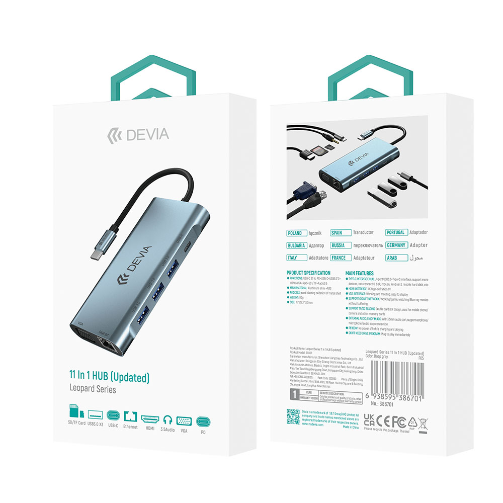 Devia USB-C Hub Leopard Series 11-in-1 - Deep Gray