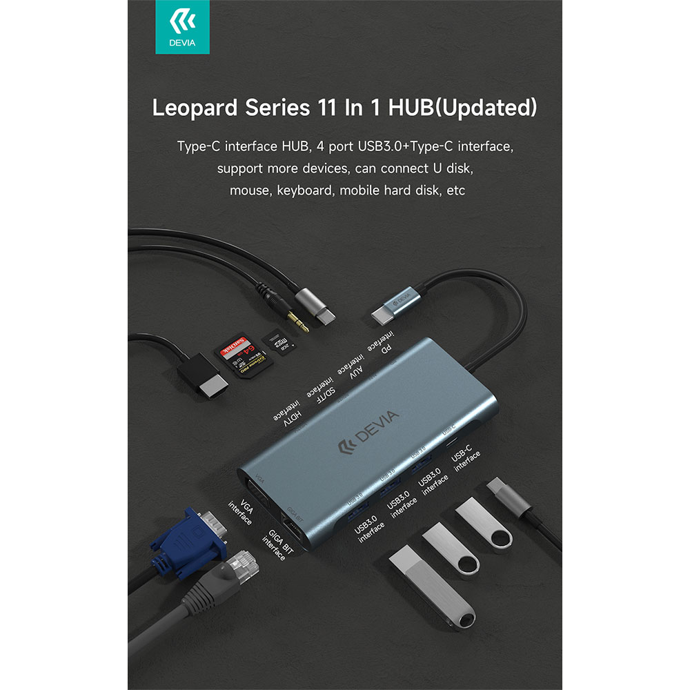 Devia USB-C Hub Leopard Series 11-in-1 - Deep Gray