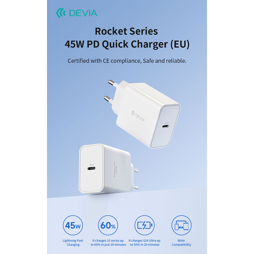 Devia sieťová nabíjačka Rocket Series PD Quick Charger 45W - White