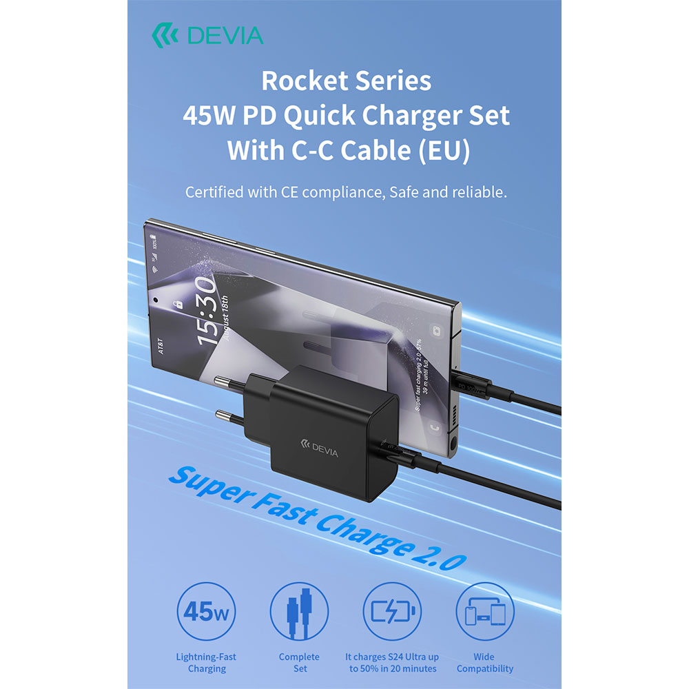 Devia sieťová nabíjačka Rocket Series PD Quick Charger 45W + Cable - Black