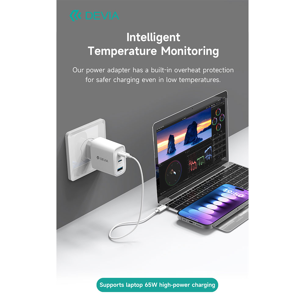 Devia sieťová nabíjačka Extreme Speed GaN PD 2x USB-C/USB-A 65W - White