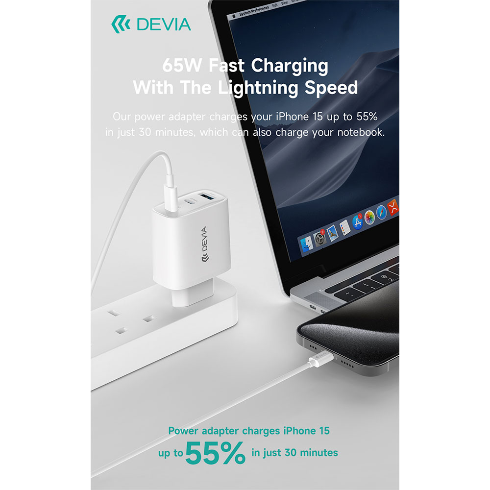 Devia sieťová nabíjačka Extreme Speed GaN PD 2x USB-C/USB-A 65W - White