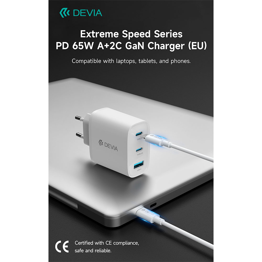 Devia sieťová nabíjačka Extreme Speed GaN PD 2x USB-C/USB-A 65W - White
