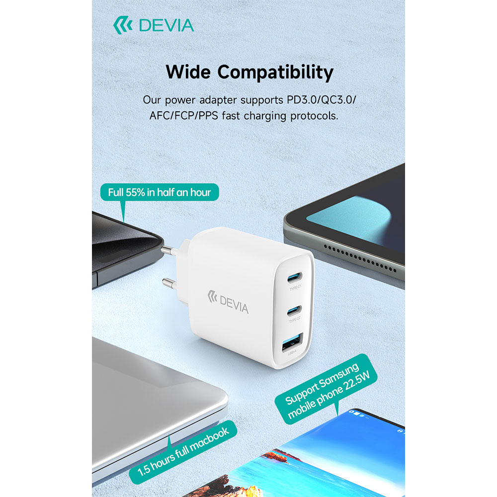 Devia sieťová nabíjačka Extreme Speed GaN PD 2x USB-C/USB-A 65W - White