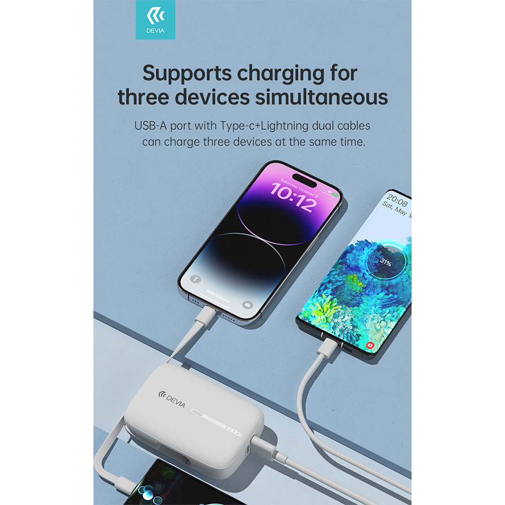 Devia powerbank Kintone Built-in Dual Cable 10000 mAh - White