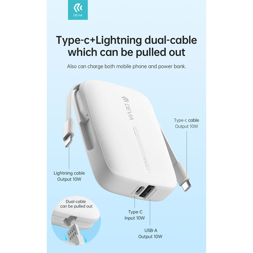 Devia powerbank Kintone Built-in Dual Cable 10000 mAh - White