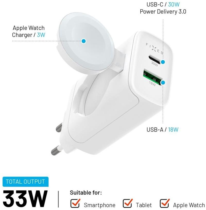 FIXED Sieťová nabíjačka s USB-C a USB výstupom a podporou PD, 30W, biela