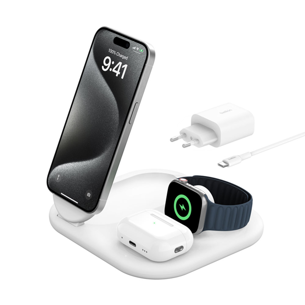 Belkin Boost Charge 3-in-1 Magnetic Foldable Wireless Charger with Qi2 15W + 36W Charger - White