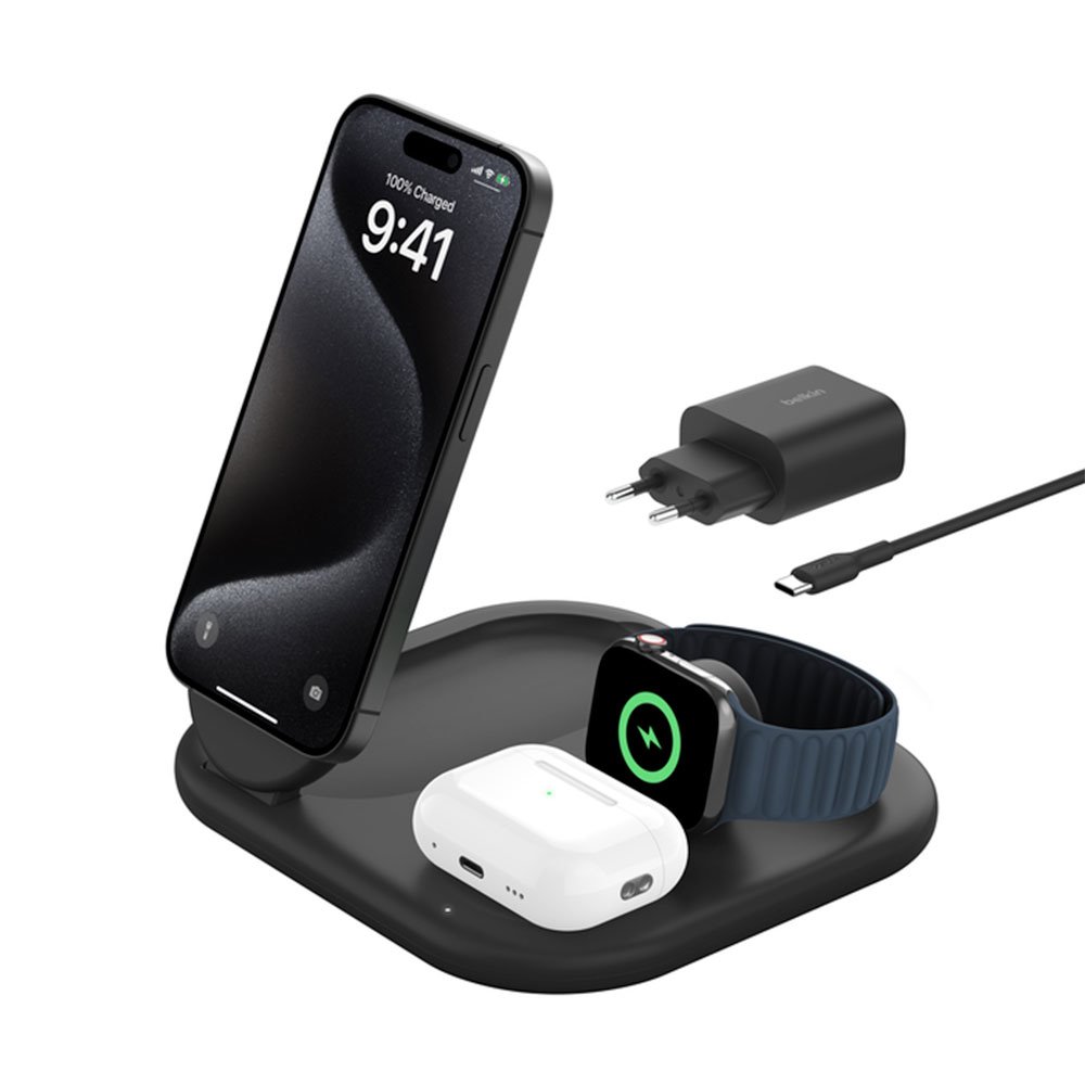 Belkin Boost Charge 3-in-1 Magnetic Foldable Wireless Charger with Qi2 15W + 36W Charger - Black