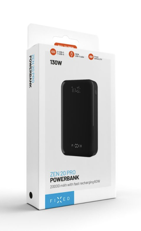 FIXED powerbanka Zen 20 Pro s LCD displejem a výstupem 130W, 20000 mAh, černá