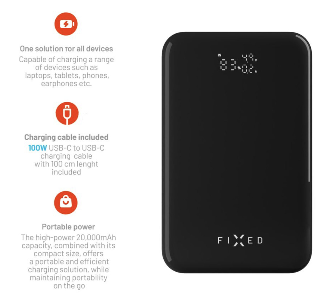 FIXED powerbanka Zen 20 Pro s LCD displejem a výstupem 130W, 20000 mAh, černá