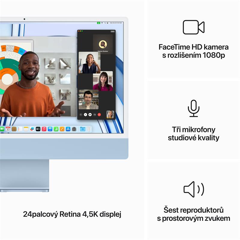 iMac 24" 4.5K Apple M3 8core CPU 10core GPU 8GB 256GB Modrý CZ *vystavený*