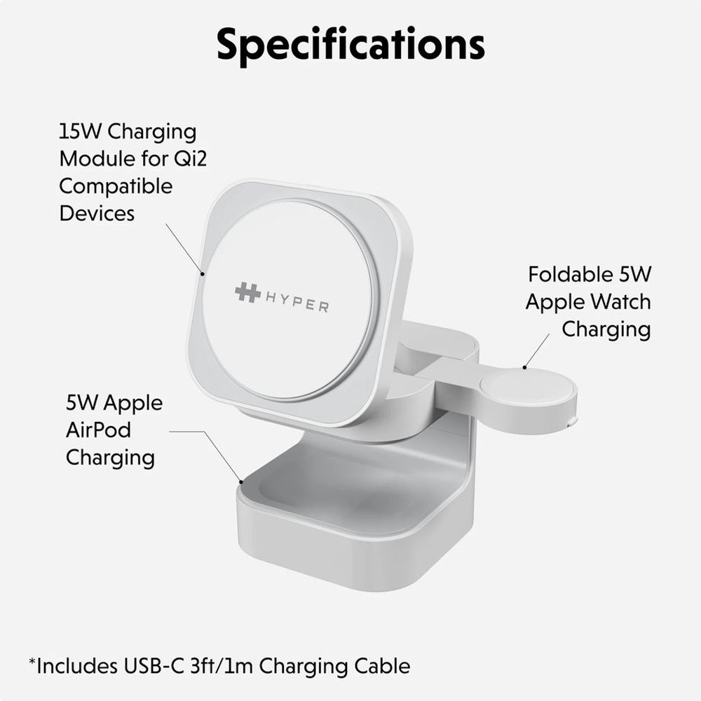 Hyper HyperJuice Qi2 3-in-1 Magnetic Charging Stand - White