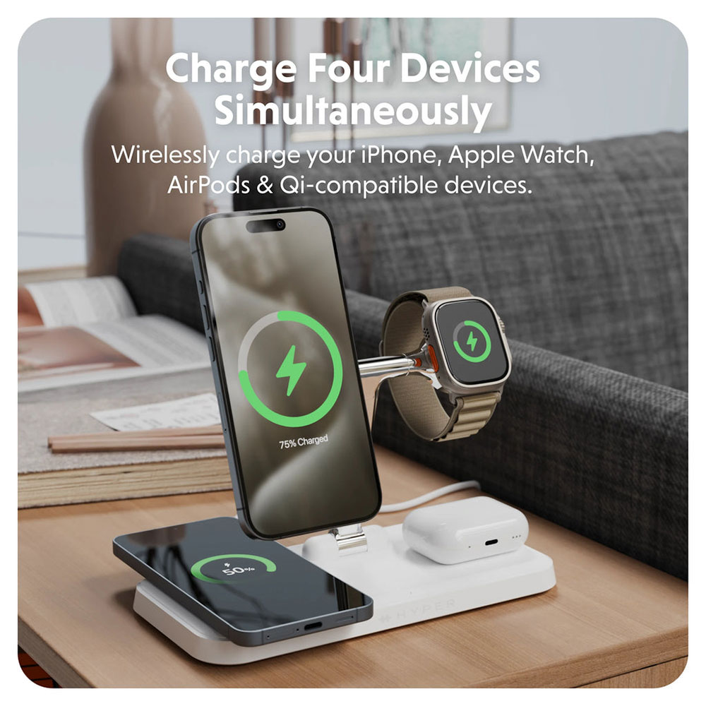 Hyper HyperJuice Qi2 4-in-1 Magnetic Charging Stand - White
