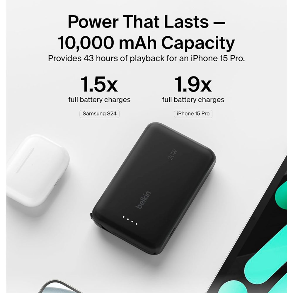 Belkin BoostCharge PowerBank 10K with Integrated USB-C Cable 20W - Black
