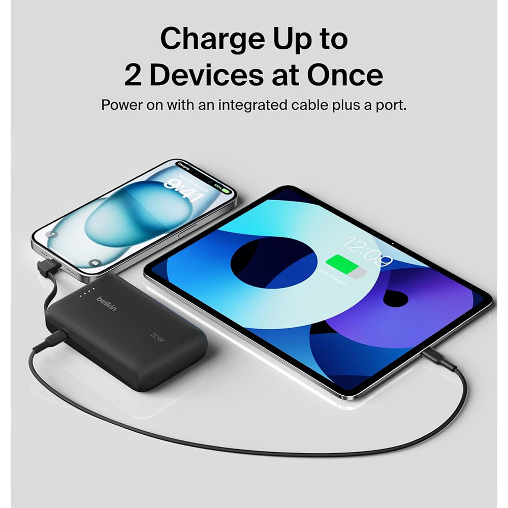 Belkin BoostCharge PowerBank 10K with Integrated USB-C Cable 20W - Black