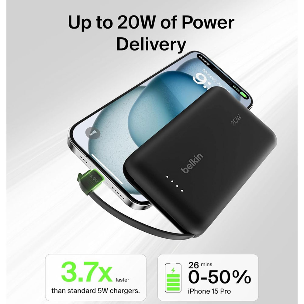 Belkin BoostCharge PowerBank 10K with Integrated USB-C Cable 20W - Blue