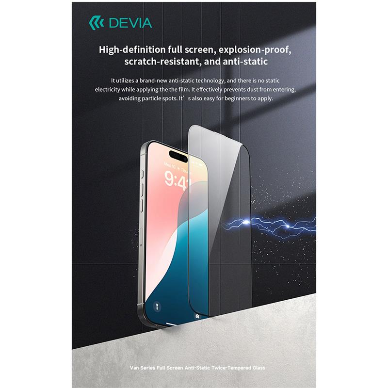 Devia ochranné sklo Van Series Anti-Static pre iPhone 16 Pro Max - Black Frame *Rozbalený*