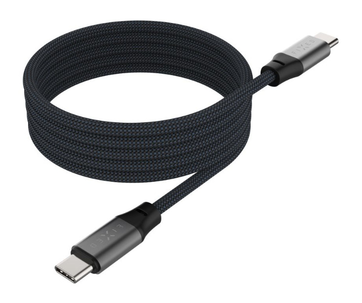 FIXED magnetický nabíjecí a datový opletený kabel s konektory USB-C/USB-C a podporou PD, USB 2.0, 240W, 1.2m, šedý