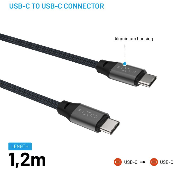 FIXED magnetický nabíjecí a datový opletený kabel s konektory USB-C/USB-C a podporou PD, USB 2.0, 240W, 1.2m, šedý