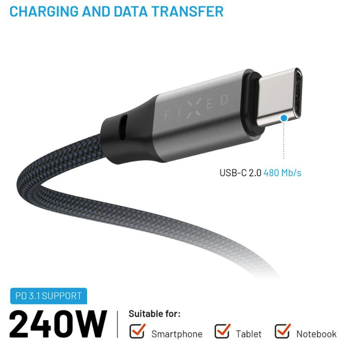 FIXED magnetický nabíjecí a datový opletený kabel s konektory USB-C/USB-C a podporou PD, USB 2.0, 240W, 1.2m, šedý