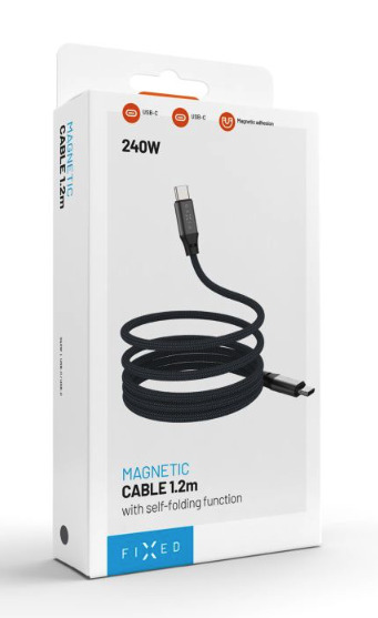 FIXED magnetický nabíjecí a datový opletený kabel s konektory USB-C/USB-C a podporou PD, USB 2.0, 240W, 1.2m, šedý
