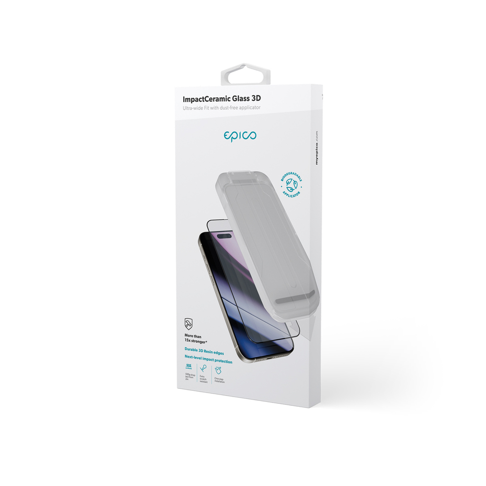 Epico ImpactCeramic Glass 3D Ultra-široké krytí s aplikátorem pro iPhone 15/16
