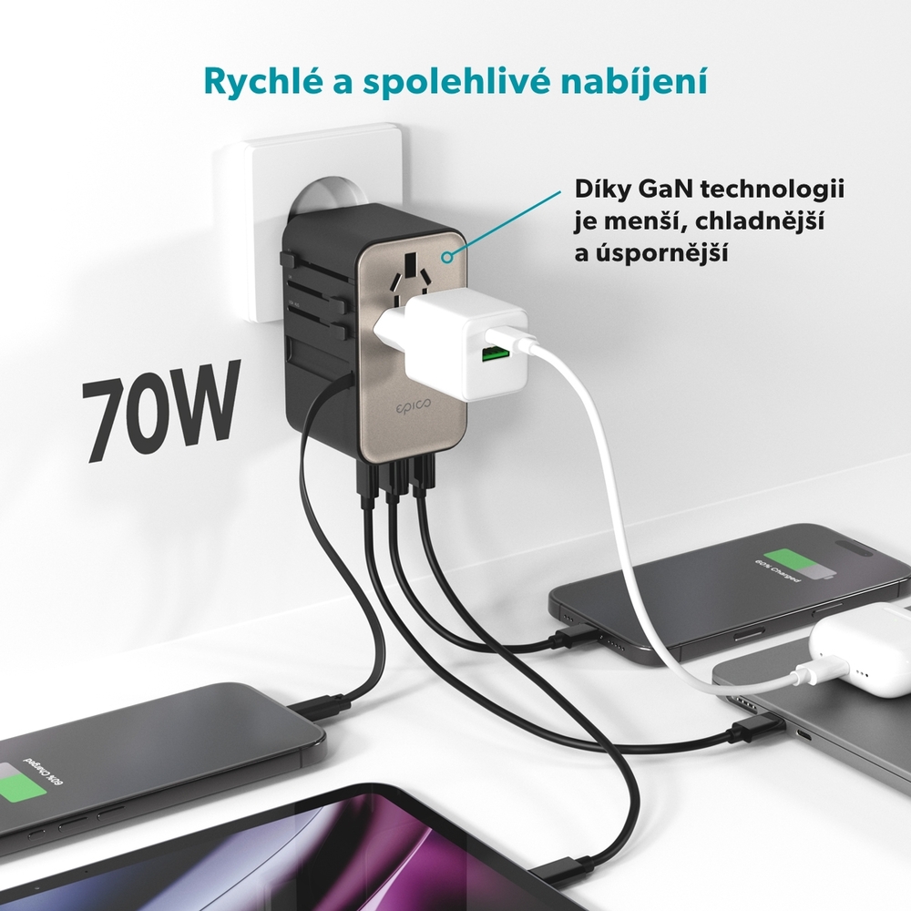 Epico UltraBoost Universal GaN 70W cestovný adaptér EU70 - titanová