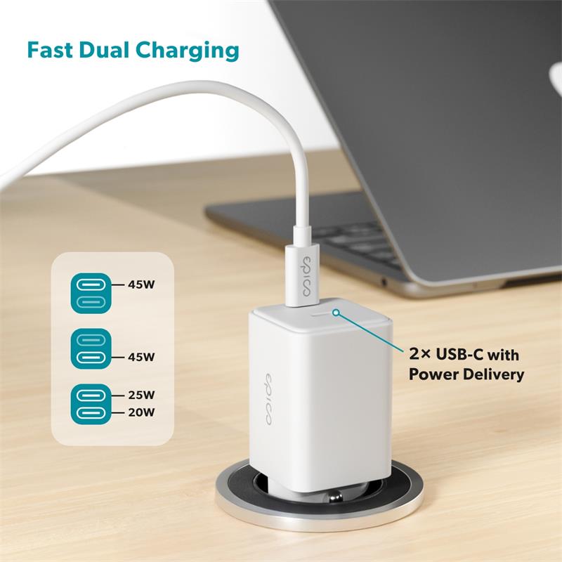 iStores by Epico Ultraboost GaN 45W síťový adaptér EA45 s 1,2 m USB-C na USB-C kablem - bílá