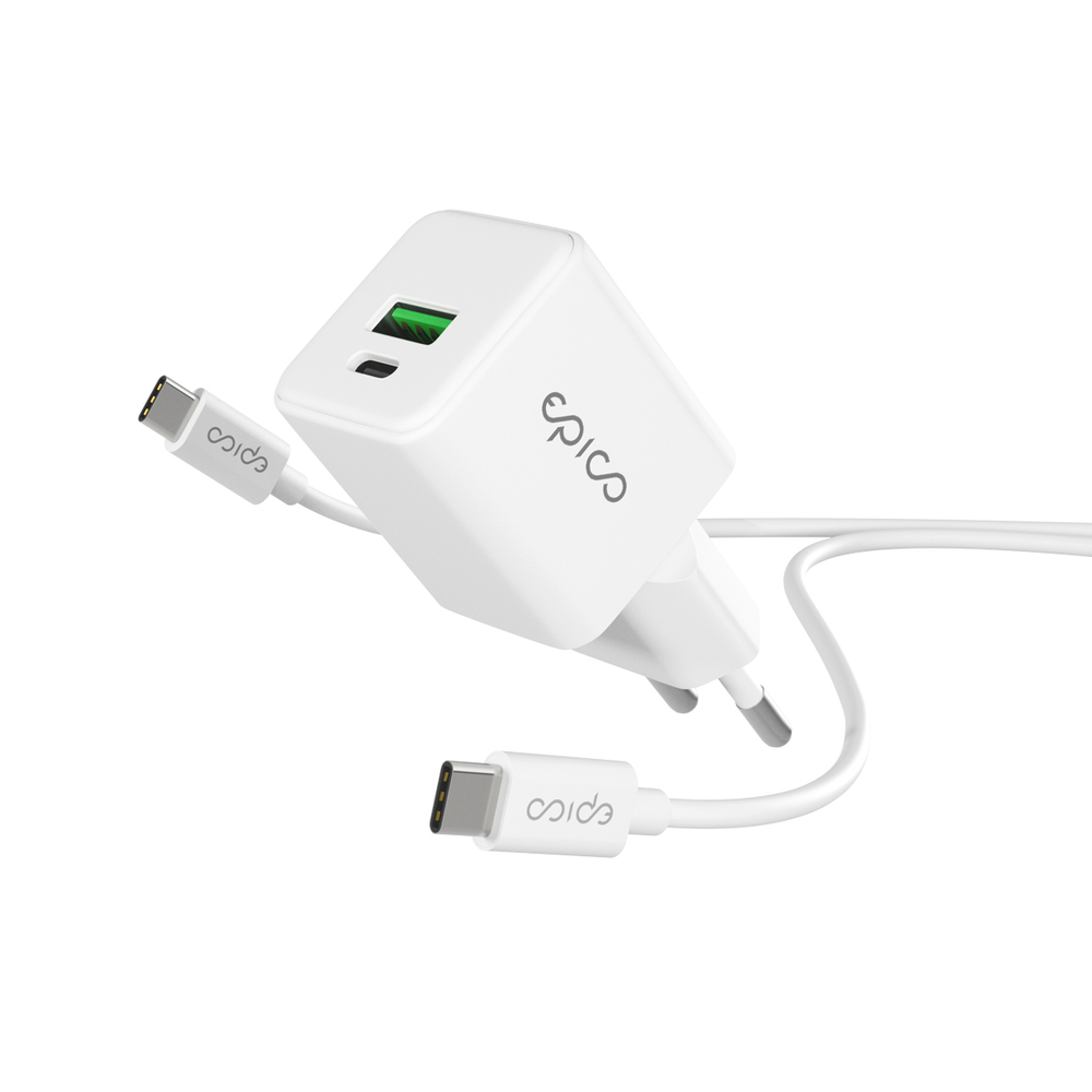 iStores by Epico Ultraboost GaN 20W síťový adaptér EA20 s 1,2 m USB-C na USB-C kablem - bílá