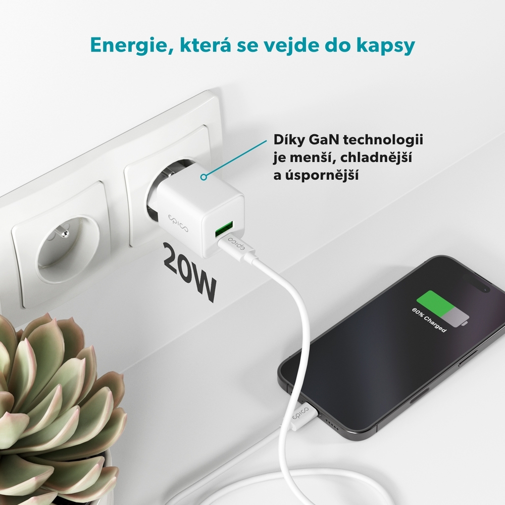 iStores by Epico Ultraboost GaN 20W síťový adaptér EA20 s 1,2 m USB-C na USB-C kablem - bílá
