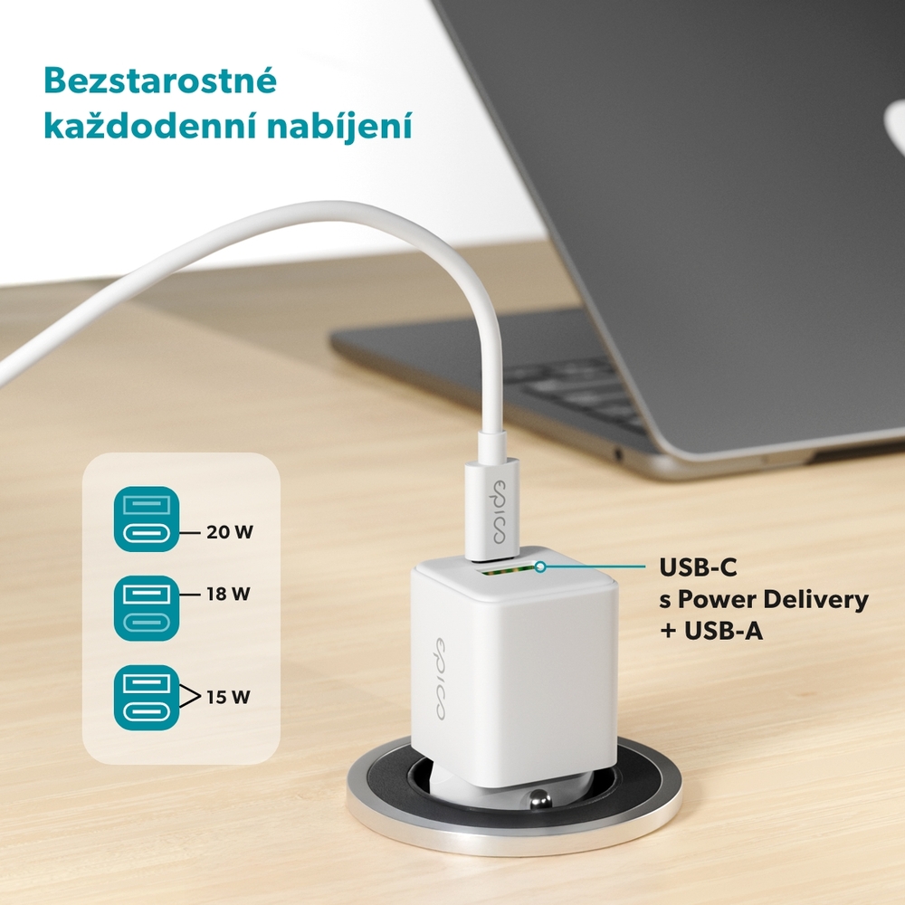 iStores by Epico Ultraboost GaN 20W síťový adaptér EA20 s 1,2 m USB-C na USB-C kablem - bílá