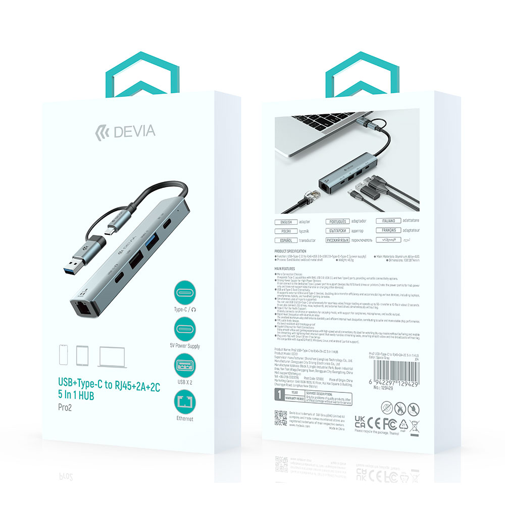 Devia USB-C Hub Pro 5 in 1 EC701 - Deep Gray