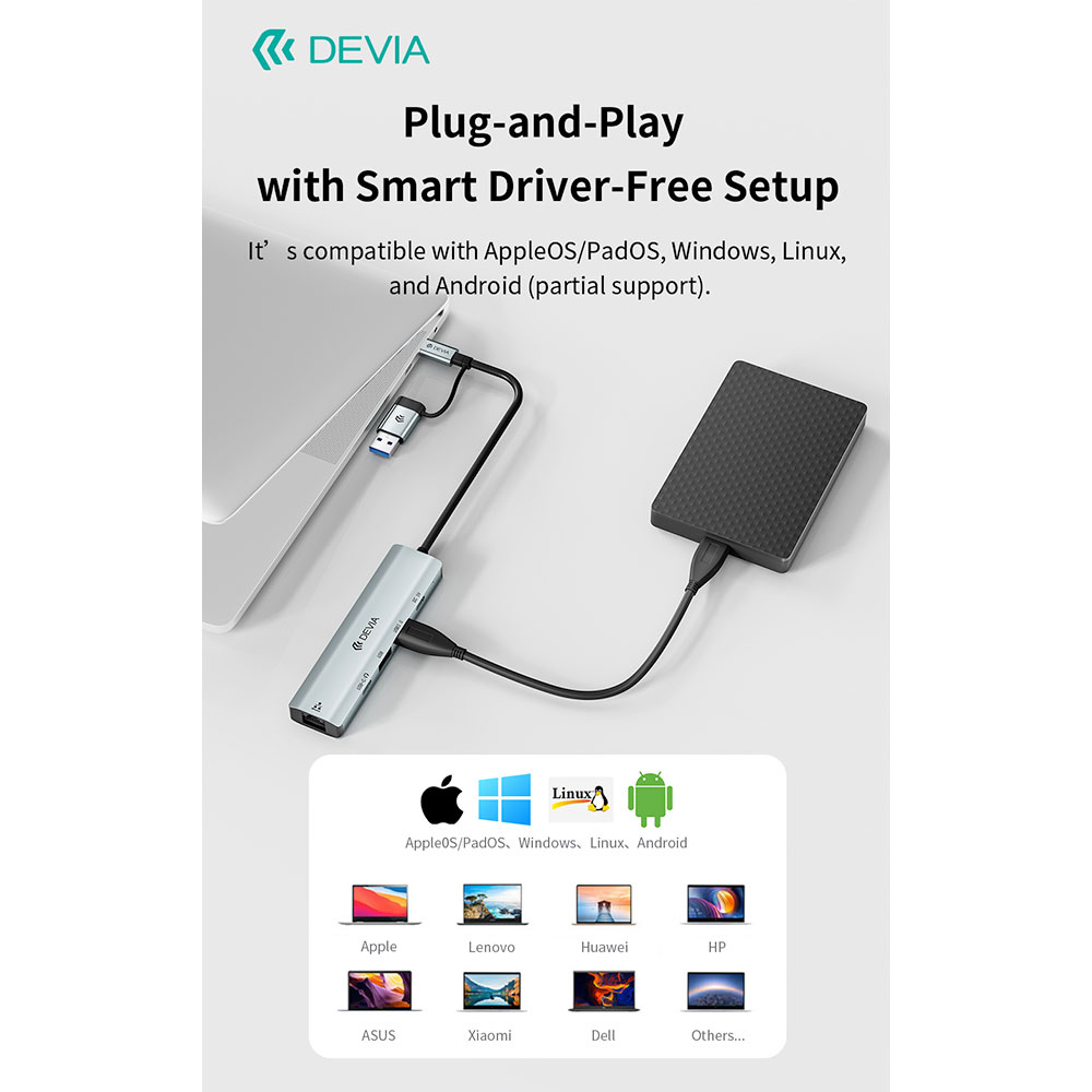 Devia USB-C Hub Pro 5 in 1 EC701 - Deep Gray