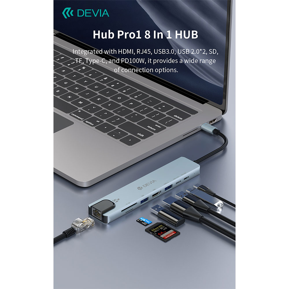Devia USB-C Hub Pro 8 in 1 EC706 - Deep Gray