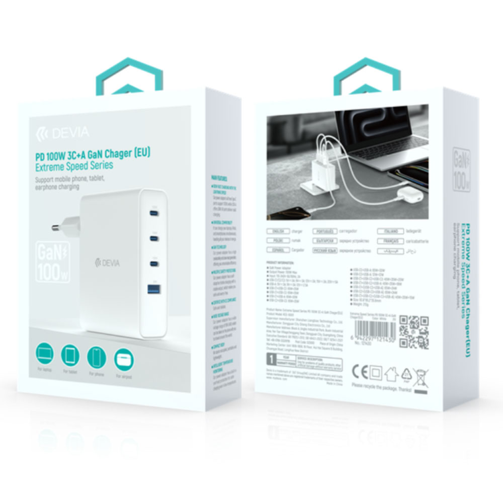 Devia sieťová nabíjačka Extreme Speed GaN PD 3x USB-C/USB-A 100W - White