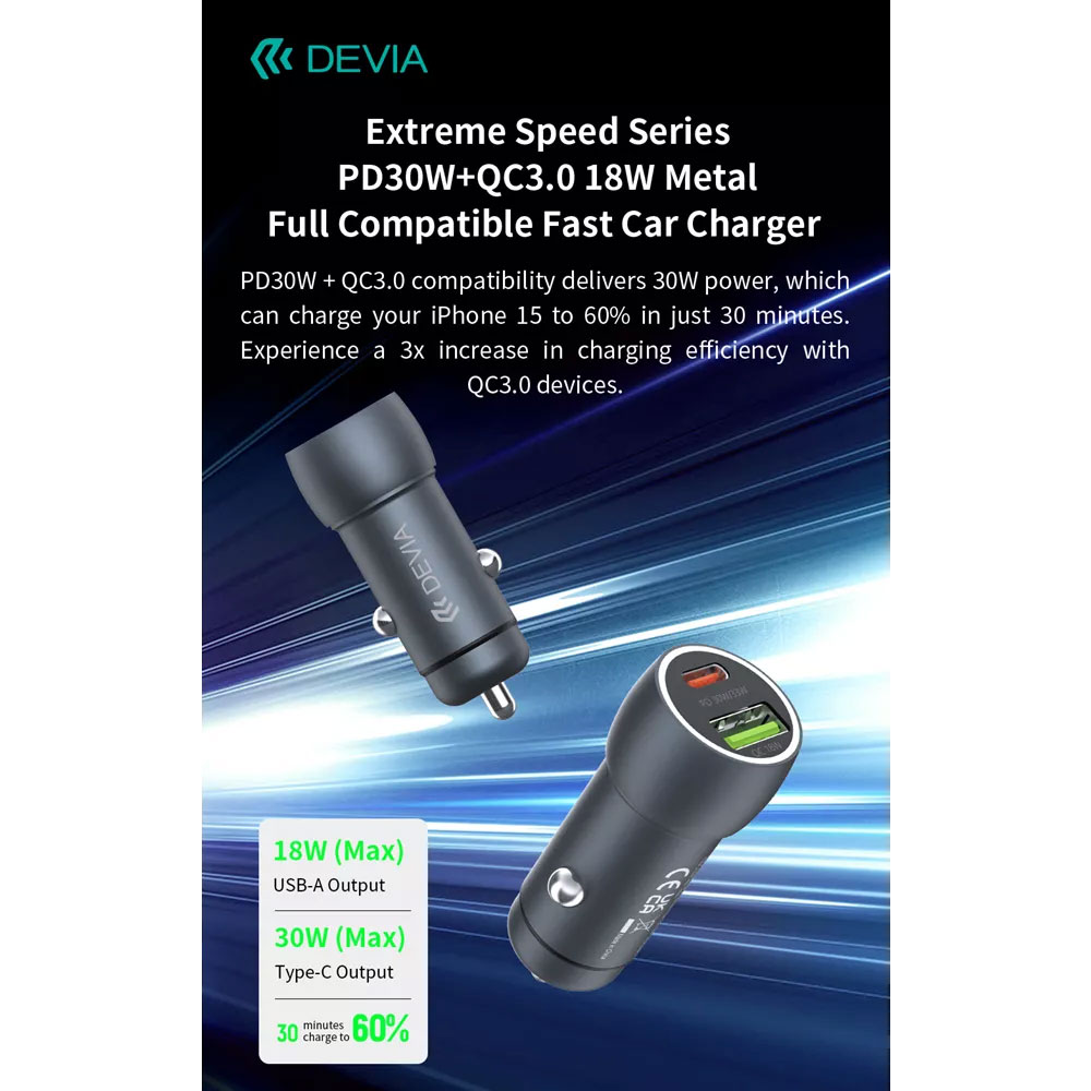 Devia nabíjačka do auta Xtreme Speed Series 48W + USB-C Cable 1m - Deep Sky Gray