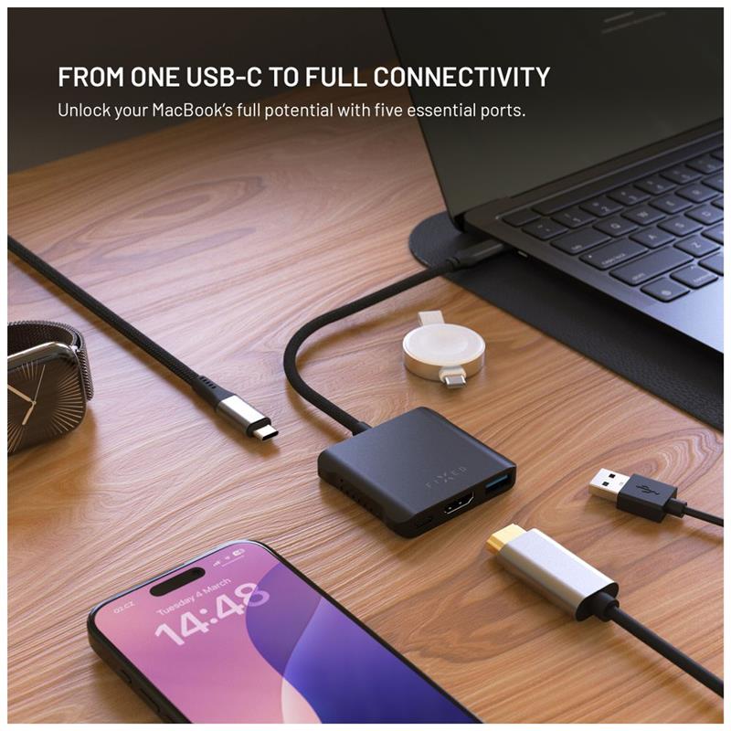 FIXED HUB Quadri, 5-portový hliníkový USB-C, 140W, PD 3.1, vesmírne čierna