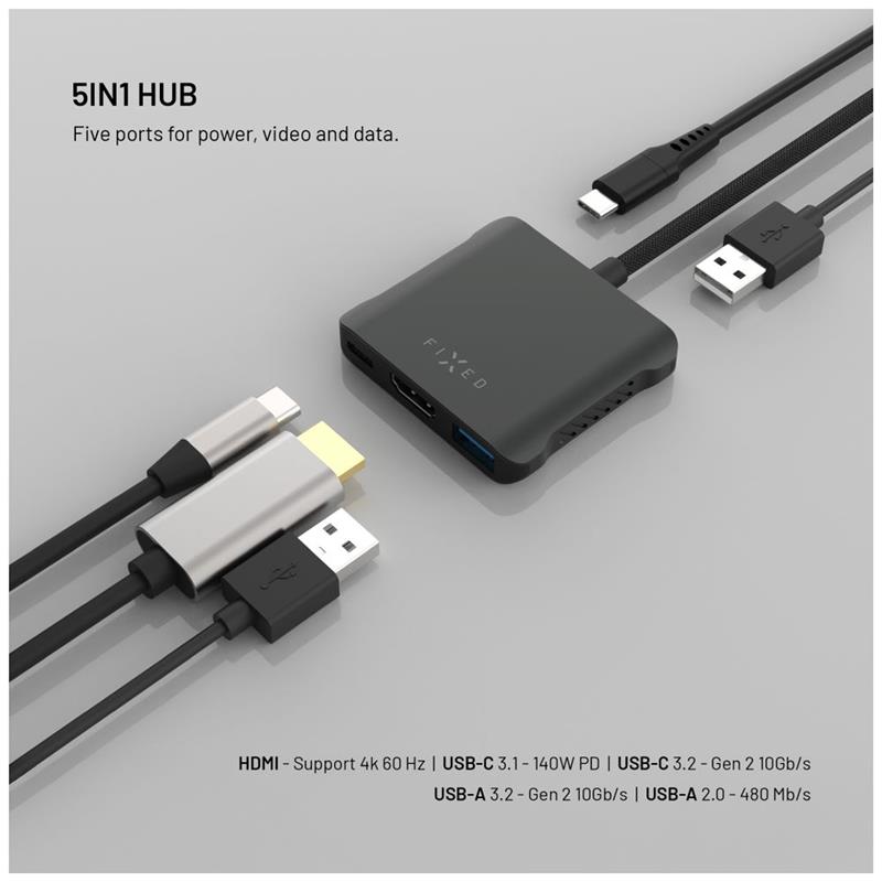 FIXED HUB Quadri, 5-portový hliníkový USB-C, 140W, PD 3.1, vesmírne čierna