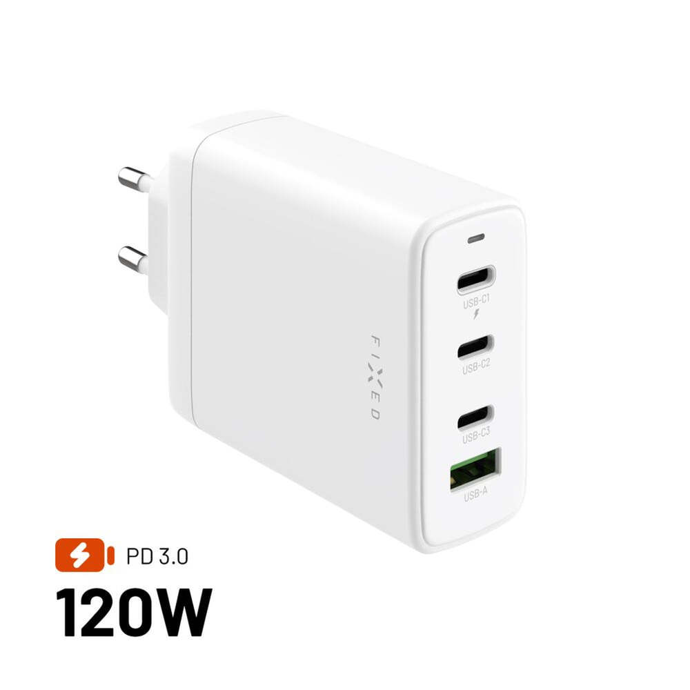FIXED Sieťová GaN nabíjačka s 3xUSB-C a USB výstupom a podporou PD 3.0, 120W, biela