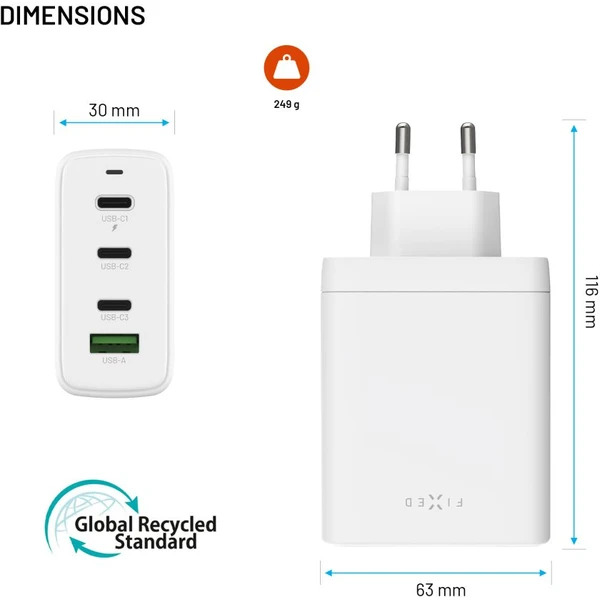 FIXED Sieťová GaN nabíjačka s 3xUSB-C a USB výstupom a podporou PD 3.0, 120W, biela